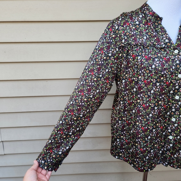 Saccharine Multicolor Floral Print Button-Up Blouse Ruffle Trim Cotton Silk - Picture 5 of 12
